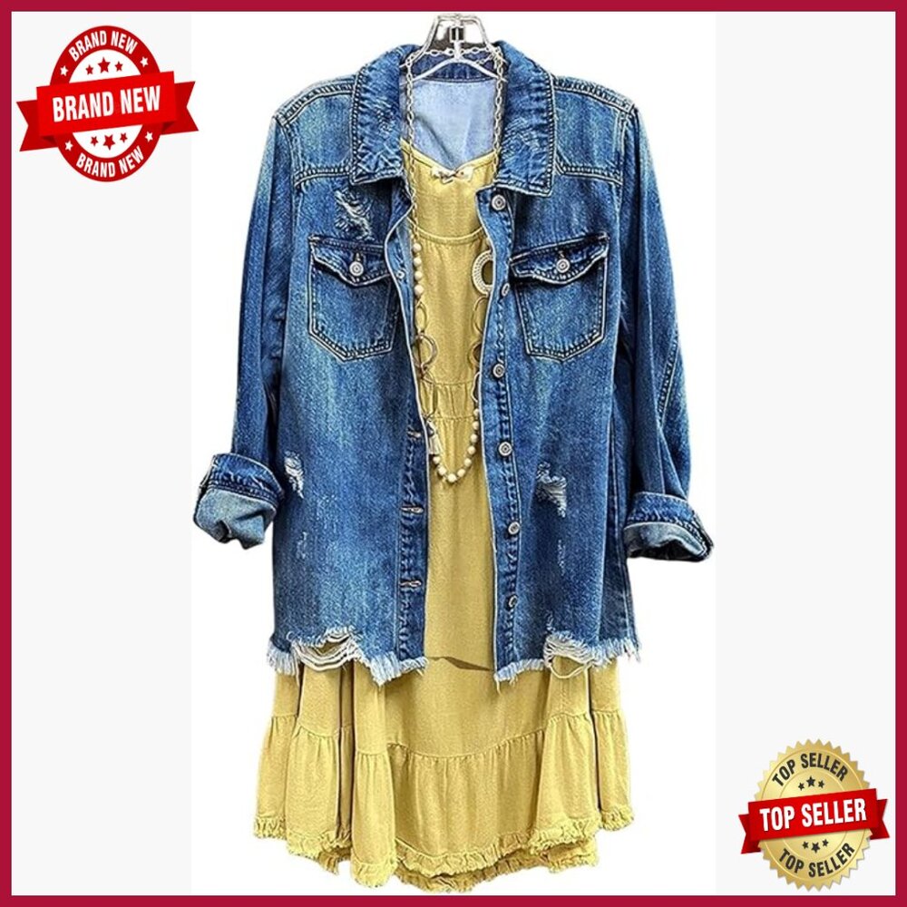 Distressed Denim Jacket Long Sleeve Button Down Casual Loose Fit